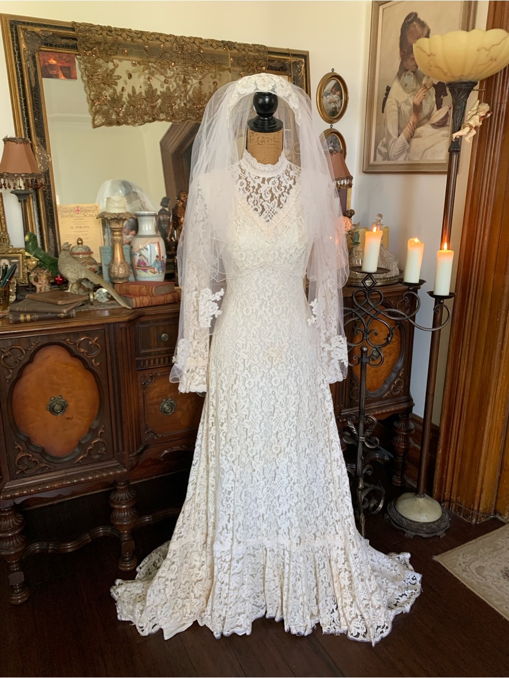 Vintage 70's Victorian-inspired Boho Ivory Lace Romance Bridal Wedding Gown